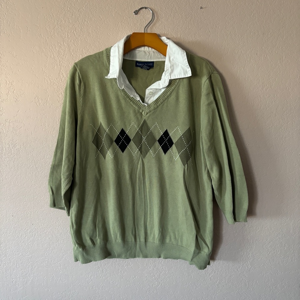 Karen Scott sage  Sweater with shirt collar size L